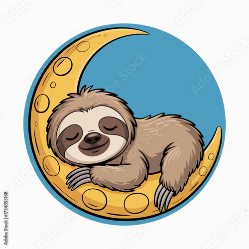 This adorable sloth peacefully sleeps on a crescent moon against a soft blue background, capturing a whimsical, dreamlike essence that draws viewers into a world of calm cloud nine.