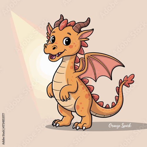 A cute cartoon dragon with orange scales and big eyes stands proudly with a friendly grin, exuding a playful aura that captivates the essence of imagination and fantasy.