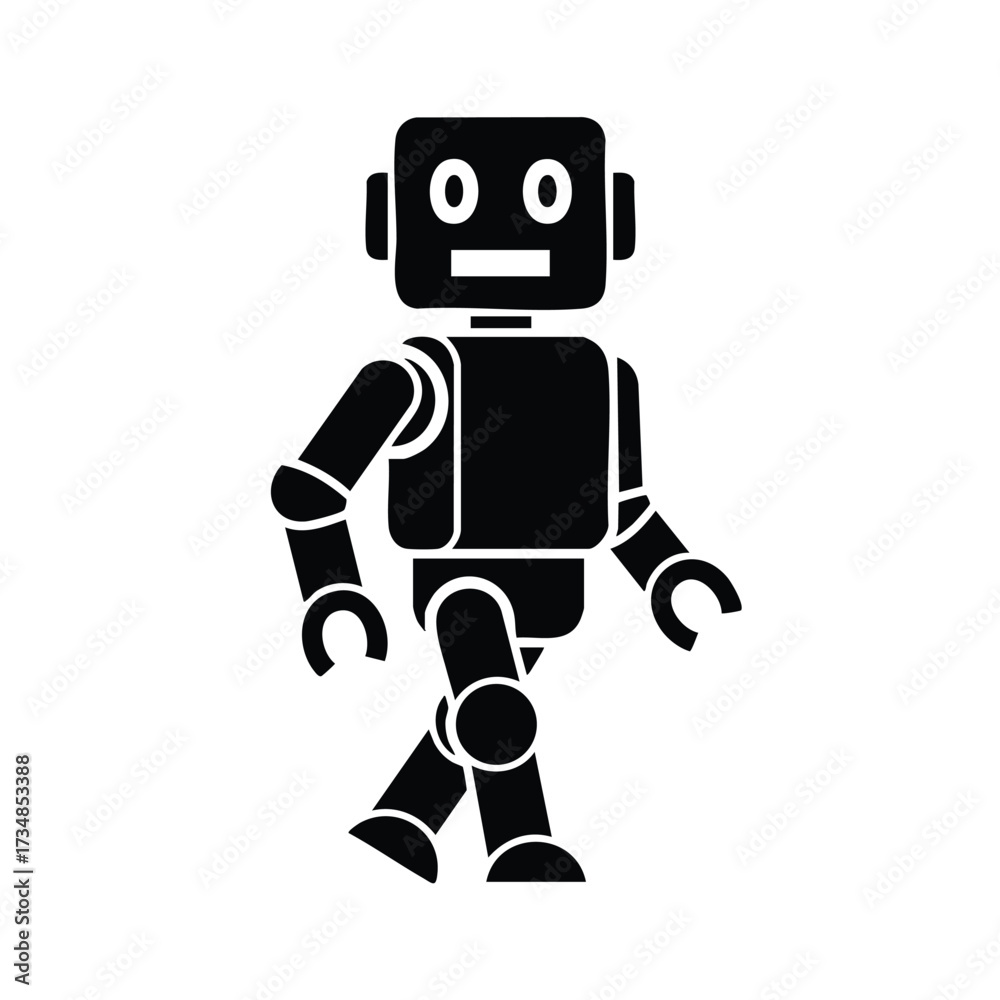 Fototapeta premium Cute cartoon robot walking with friendly expression and simple design in black and white style