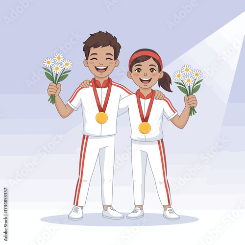 These joyful young athletes proudly hold flowers and medals, showcasing their triumph and teamwork. Their smiles radiate joy, embodying sportsmanship and dedication.