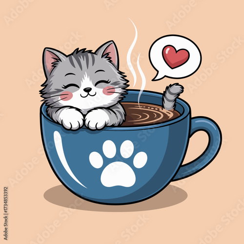 A delightful illustration of a happy cat relaxing in a coffee cup, exuding charm and warmth, perfect for cat lovers and those enjoying cozy moments.