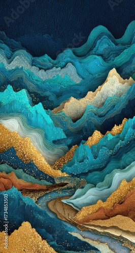 Abstract layers blue, gold mountains, river landscape art