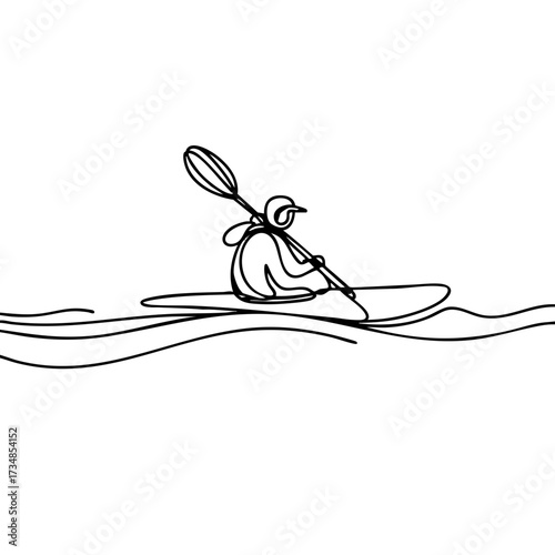 Minimalistic black line drawing of a stand-up paddleboarder paddling in smooth water on a white background, concept of art and wellness.