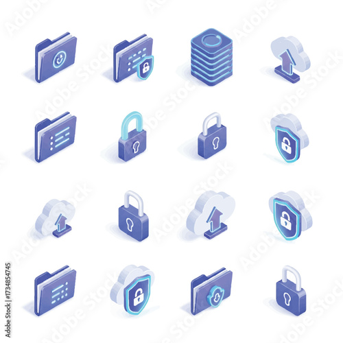 Vector illustration of a cybersecurity icon set with various security symbols on a white background.