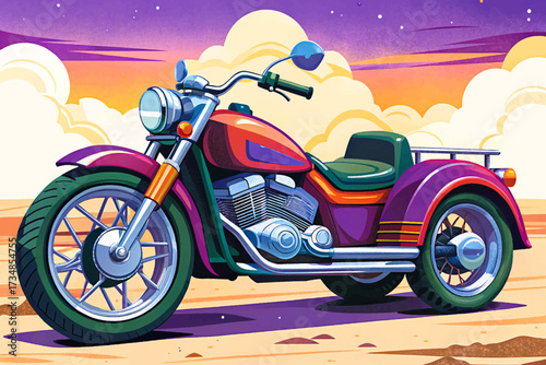Vibrant purple trike motorcycle, illustrated in a glossy and highly detailed vector style, isolated against a sky background, perfect for stock design