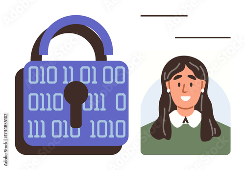 Padlock featuring binary code next to female avatar in ID tag style. Ideal for cybersecurity, data protection, user authentication, privacy, identity management, technology safety, simple flat