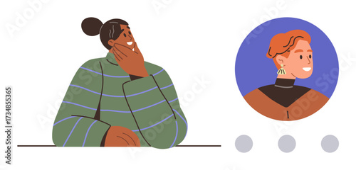 Thoughtful individual in striped sweater rests chin on hand, gazing at a profile picture framed in blue. Ideal for communication, connection, technology, social media, networking, relationships