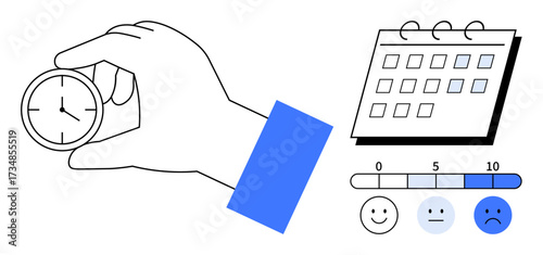 Hand holding clock, calendar with marked days, mood scale from happy to sad. Ideal for time planning, productivity, mental health, efficiency, wellness, stress control simple flat metaphor