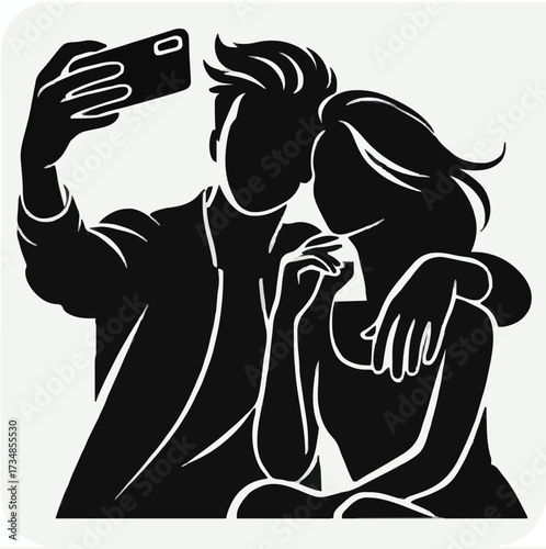 Couple Taking Selfie Silhouette Vector Young Man and Woman with Smartphone Social Media Icon