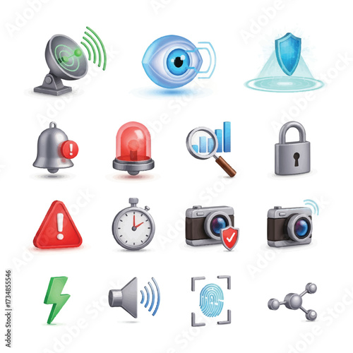 A cybersecurity icon set vector featuring various symbols for security, protection, and alertness on a clean white background.