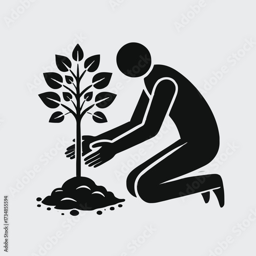 Person Planting a Tree Silhouette Environmental Conservation and Reforestation Icon Vector