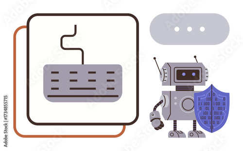 Robot holding a shield with binary code, alongside a keyboard and chat bubble. Ideal for technology, cybersecurity, AI, innovation, data security, communication and automation. Minimalist flat