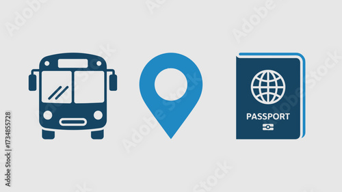 Travel icon set with bus map pin and passport simple flat vector glyphs for tourism and transportation isolated on white background