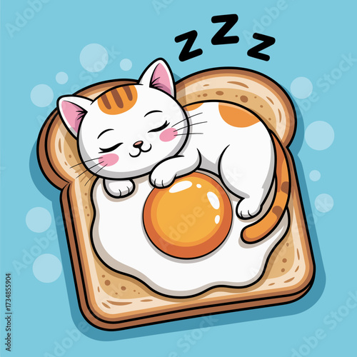 A cute kitten peacefully sleeping on a slice of toast with a sunny-side-up egg, radiating warmth and comfort in a playful, whimsical style, perfect for food lovers and cat enthusiasts.