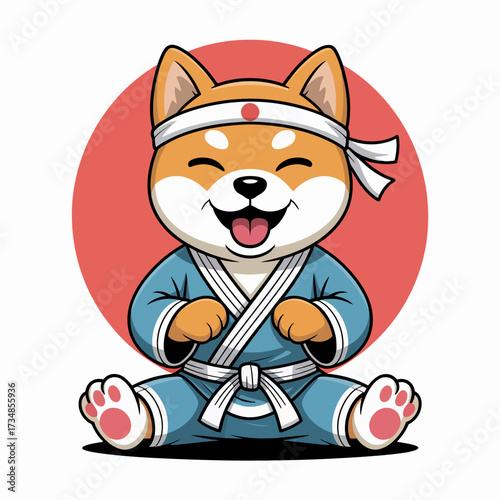 This adorable illustration features a happy Shiba Inu dog wearing a martial arts uniform, showcasing its playful and energetic spirit in a stylized manner.