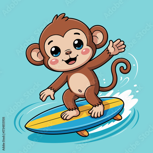 This playful illustration showcases a cheerful monkey riding a surfboard, portraying a fun and adventurous spirit that resonates with the joy of summer.