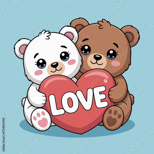 An endearing illustration of two cuddly bears holding a heart that says 'Love', symbolizing affection, friendship, and the joy of shared moments.