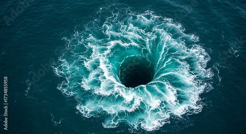 Fototapeta Naklejka Na Ścianę i Meble -  Aerial view of swirling water vortex with dark center against sea backdrop