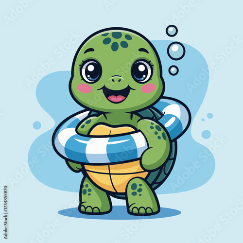 This cute turtle is happily holding a lifebuoy, symbolizing playfulness and safety in a refreshing aquatic setting, designed with a soft blue backdrop and charming expression.