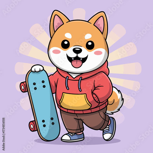 A cute Shiba Inu dog wearing a hoodie and holding a skateboard, radiating joy and youthful energy. Perfectly embodies the playful spirit of skate culture.