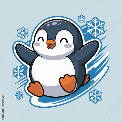 This charming illustration depicts a happy penguin sliding on ice amidst delightful snowflakes, capturing the essence of winter fun and playful moments in a whimsical style.