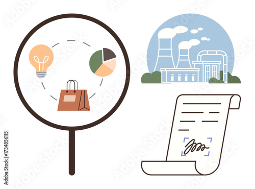 Magnifying glass highlights shopping bag, light bulb, pie chart. Power plant and signed document symbolize innovation, industry, analysis, business, and legal agreements. Ideal for industry business