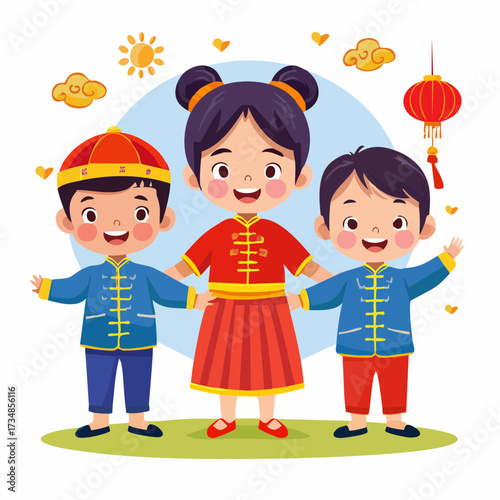 Happy Chinese New Year illustration featuring a family in traditional attire celebrating