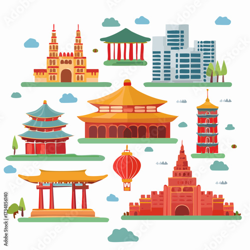 Collection of diverse iconic traditional and modern Asian architectural landmarks