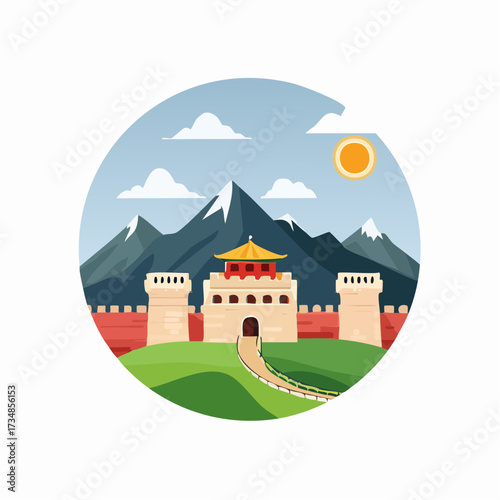 Scenic vector illustration of a historic Chinese fortress gate on a great wall with majestic snow-capped mountains under a sunny sky