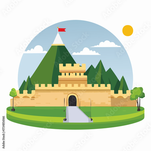 Ancient fortified citadel with majestic mountains, lush greenery, and a bright sun in a stylized illustration