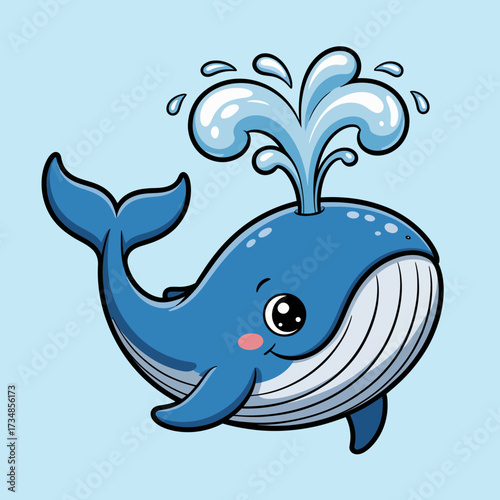 A sweet blue whale joyfully spouting water, featured in a playful illustration that captures the beauty of nature while radiating happiness, perfect for children's decor.