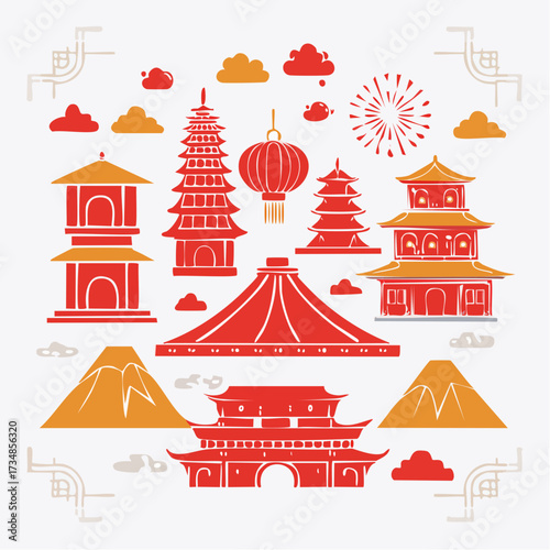 Iconic Red Asian Architecture and Cultural Elements for Design and Decoration
