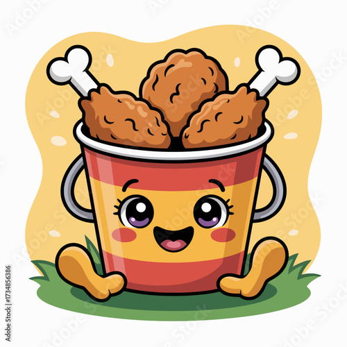 This image features an adorable cartoon bucket filled with fried chicken pieces, showcasing a cheerful face that evokes feelings of joy and hunger in viewers.