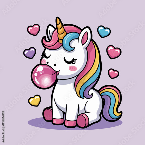 This charming unicorn with a colorful mane is caught mid-bubblegum blow, surrounded by colorful hearts, representing whimsy, magic, and childhood joy.