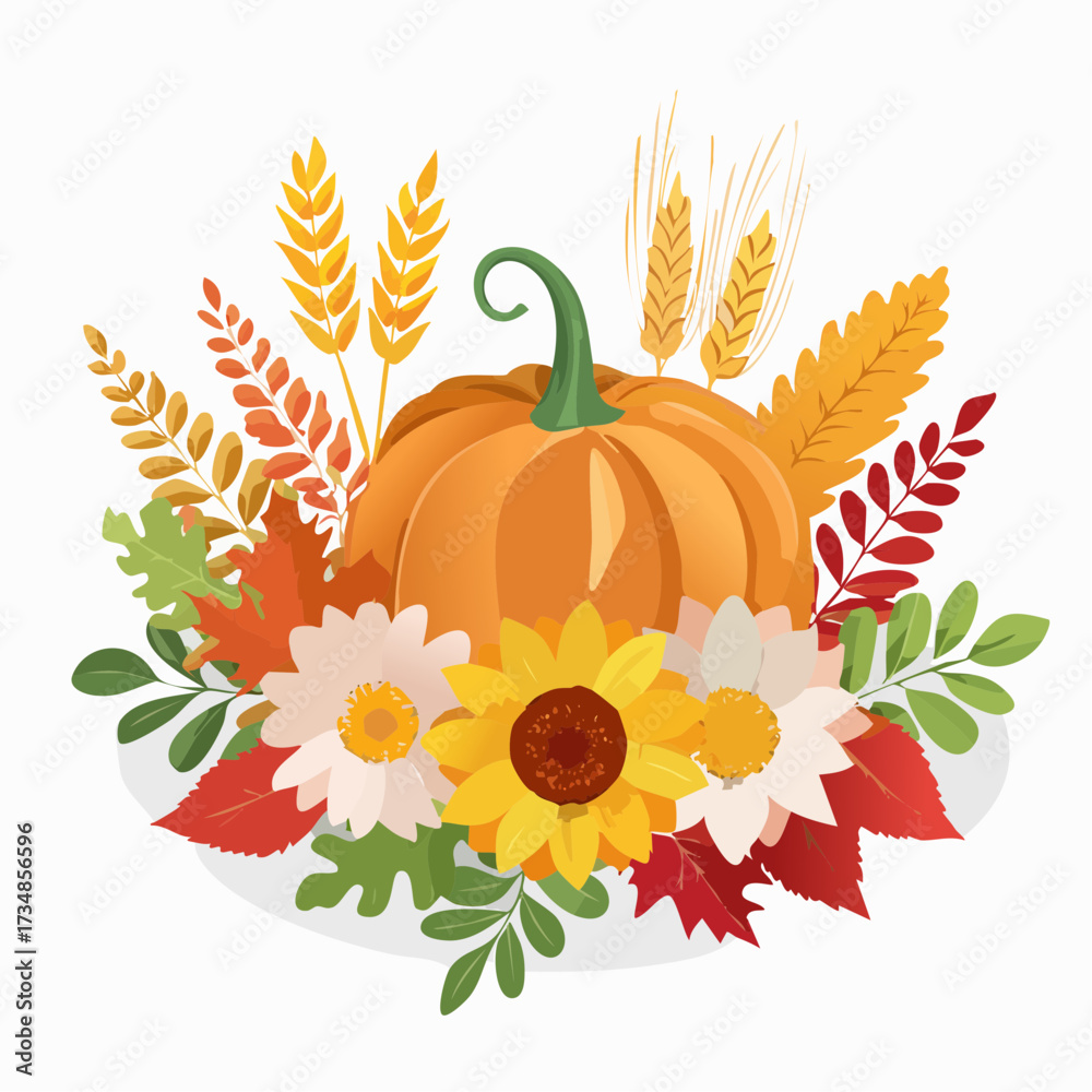 Naklejka premium Autumn Harvest Bounty Arrangement A beautiful illustration featuring a vibrant orange pumpkin, colorful fall leaves, golden wheat, and blooming sunflowers for seasonal designs