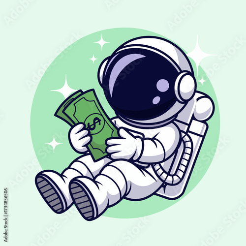 This playful illustration features a cheerful astronaut in a spacesuit, sitting and holding dollar bills, representing wealth and the adventurous spirit of exploration in space.