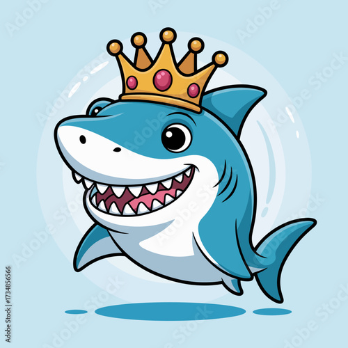 This joyful shark, wearing a crown, leaps out of the ocean, embodying excitement and fun, making it a playful representation of happiness and adventure in a vibrant aquatic scene.