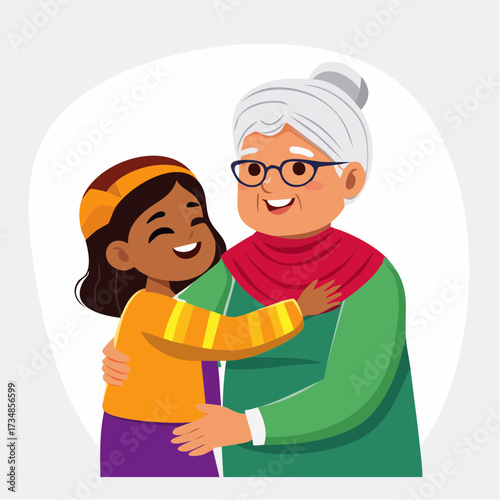 A heartwarming illustration of a loving grandmother embracing her cheerful granddaughter, symbolizing their beautiful intergenerational connection and mutual affection
