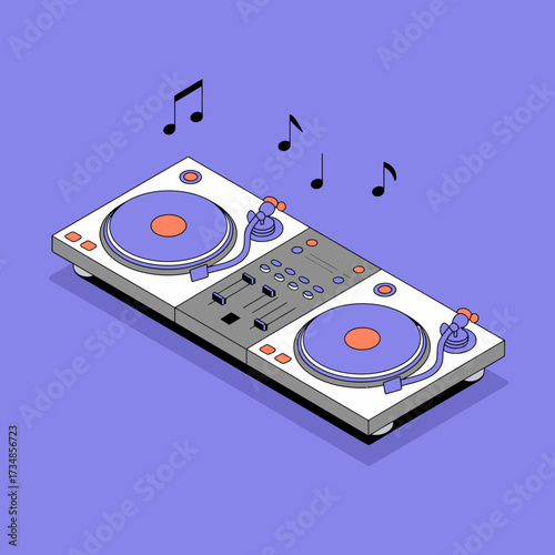 A slick illustration of a pair of DJ turntables with musical notes, set against a vibrant purple backdrop, highlighting the energy of music and nightlife.