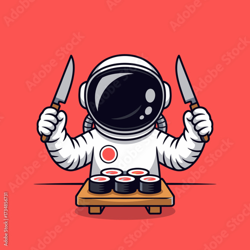 An imaginative astronaut wields knives while preparing sushi, combining elements of space and culinary arts in a whimsical and humorous way that captivates curiosity.