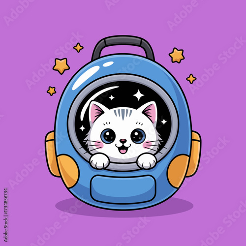 A cute cat peeks out from a futuristic blue backpack, capturing the whimsy of space travel and the charm of pets, inviting joy and adventure into our lives.