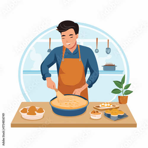 Happy man preparing a delicious meal in the kitchen, surrounded by fresh ingredients and prepared dishes, showcasing culinary skills