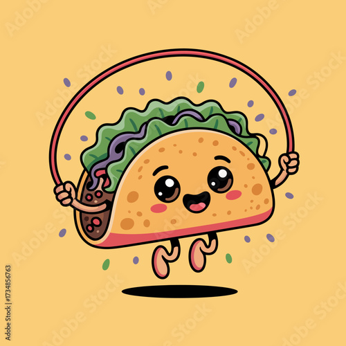A cheerful taco character happily jumping rope, exuding a sense of fun and joy, making waves in a whimsical, playful, and appetizing representation of food culture.
