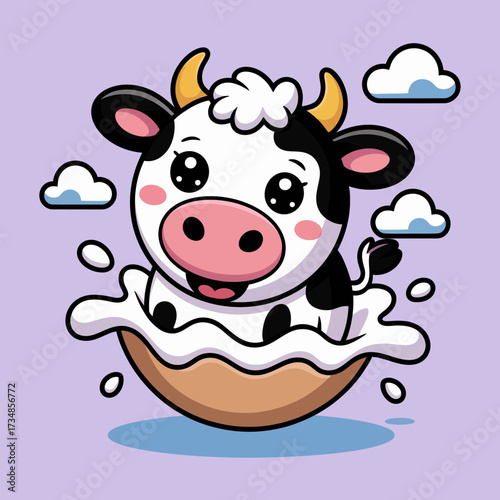 This delightful cow is happily jumping in a splash of milk, embodying joy and playfulness in a colorful and imaginative setting that brings smiles to all who see it.