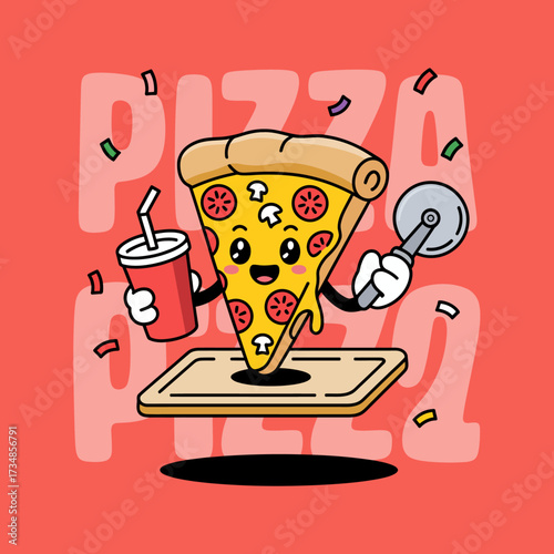 A playful pizza slice character joyously celebrates with a drink and pizza cutter, representing fun and sociability, catering to food lovers and enthusiasts alike.