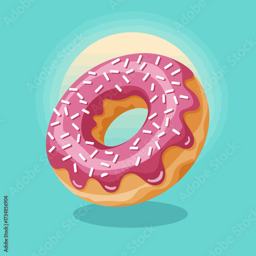An appetizing pink frosted donut with sprinkles stands out against a vibrant mint-green background, symbolizing indulgence and joy, perfect for dessert lovers.