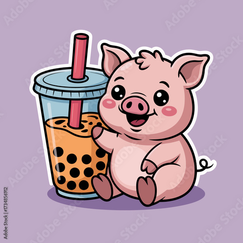 This charming illustration features a joyful piglet holding a boba drink, radiating sweetness and delight, perfect for conveying happiness and cute character design.