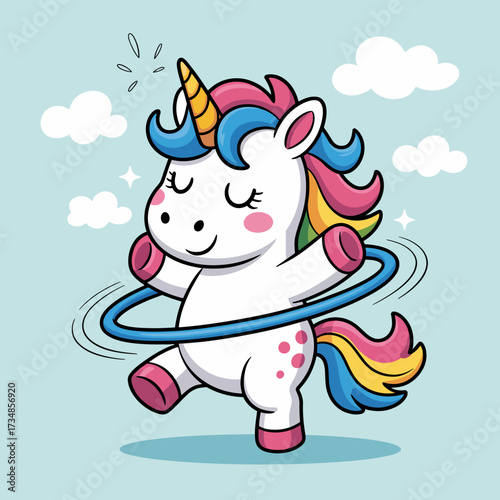 This delightful illustration displays a cheerful unicorn enjoying a hula hoop dance, radiating joy and playfulness with its colorful mane against a bright sky backdrop.