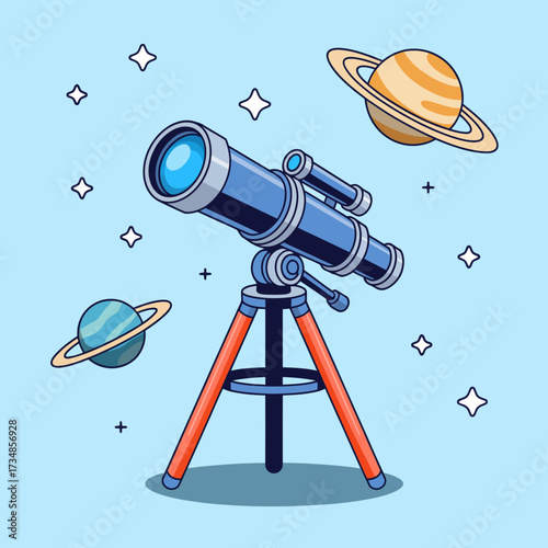 A beautifully designed telescope set against a cosmic background filled with planets, representing exploration, curiosity, and the wonder of astronomy in a colorful illustration.