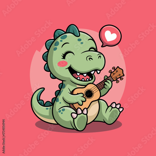 A delightful illustration of a cheerful dinosaur playing guitar, showcasing playfulness and the joy of music with a heart symbolizing love.